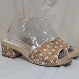 Sigerson Morrison Akira Beige Canvas Printed Slides Clogs Wooden Platform Mule